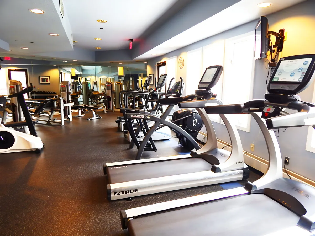 A well-equipped gym area with treadmills, elliptical machines, mirrors, and a weightlifting section. The space is filled with natural light, fostering an energetic and motivating atmosphere for workouts and fitness activities.